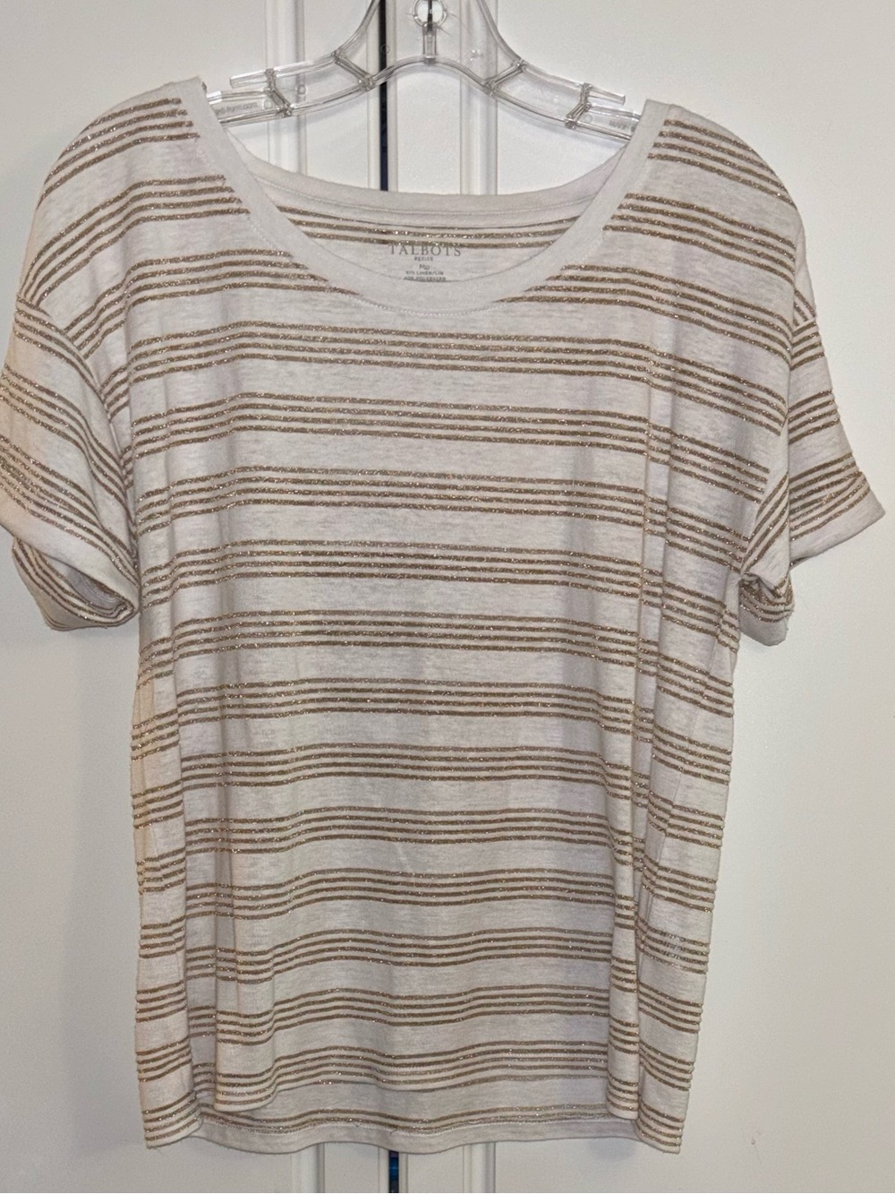 Talbots White Tee w/Gold Metallic Stripes